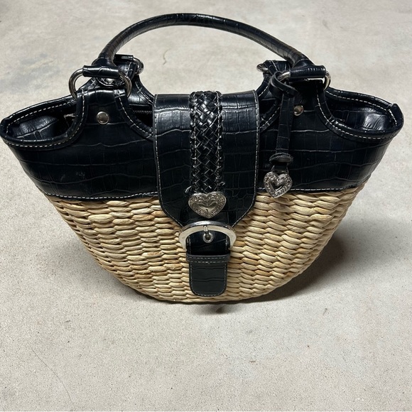 Tan & Black Straw Woven Buckle Handbag Tote Basket Black Reptile Faux Leather - Picture 2 of 9